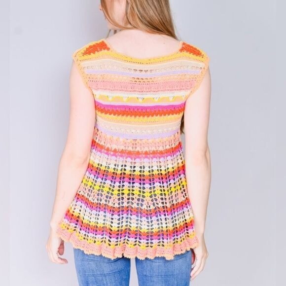 VERY RARE Free People Hippie Rainbow Striped Crochet Knit Cardigan - Picture 3 of 7